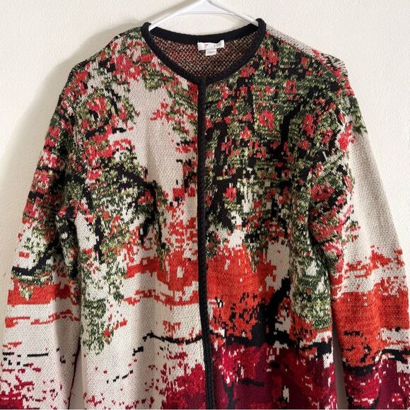 J. Jill Luxurious Black Red Cotton Wool  Jacquard Knit Cardigan Duster Small - Picture 5 of 9